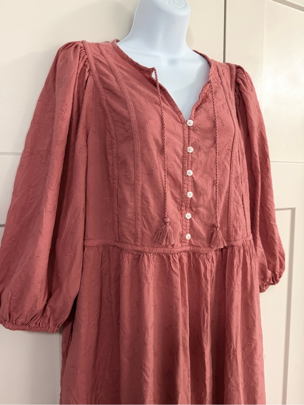 Old Navy Terra Cotta Midi Dress Size Medium Tie-Neck Tiered Floral Prairie Boho - Picture 2 of 15